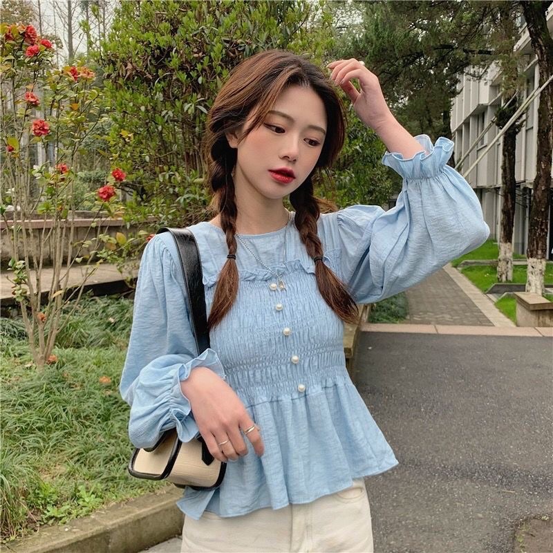 Áo kiểu nữ tay dài dáng babydoll phong cách Hàn Quốc mã QD058