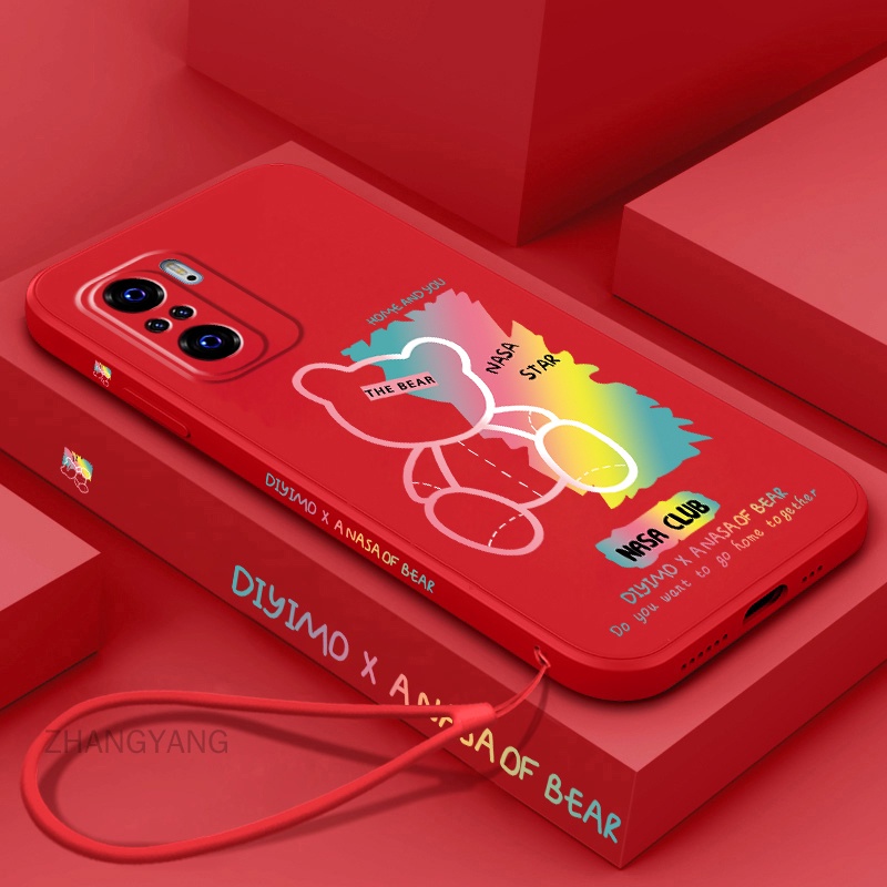 Ốp Điện Thoại TPU Silicon Viền Thẳng Họa Tiết Gấu Kèm Dây Đeo Cho Redmi note 10 pro note 10