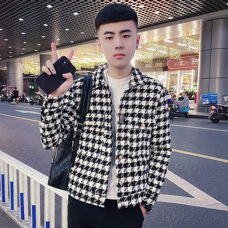 Áo Khoác Dáng Ôm Hoa Văn Kẻ Ô Phong Cách Hàn Quốc Dành Cho Nam