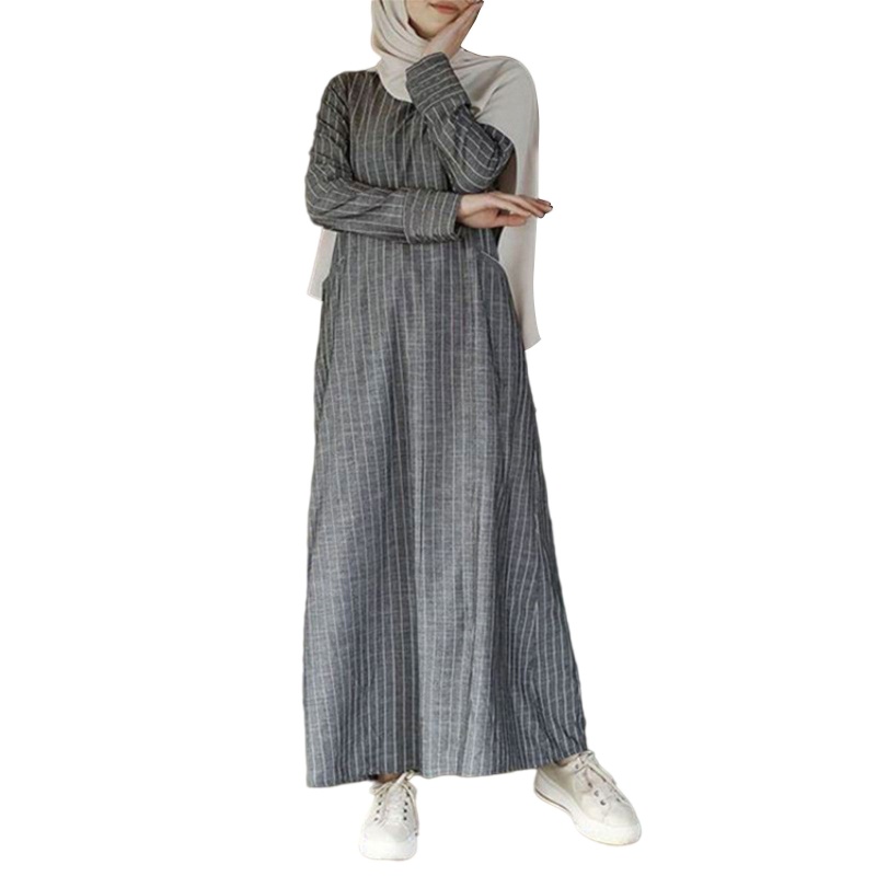 Đầm Maxi Chữ A Tay Dài Chất Cotton Lanh In Họa Tiết Kẻ Sọc Phong Cách Abaya Thổ Nhĩ Kỳ Dành Cho Phụ Nữ Hồi Giáo