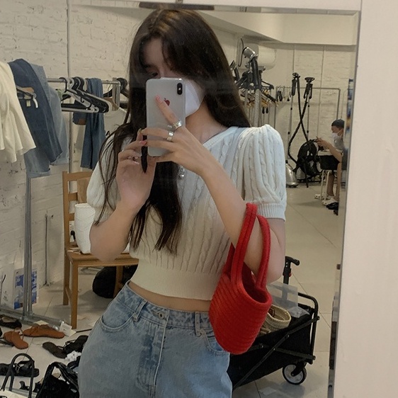 Áo sweater ZHELIHANGFEI tay phồng đính nơ xinh xắn hợp thời trang