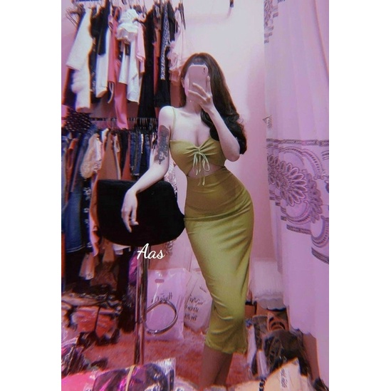 Đầm Body 2 Dây Gân Rút Ngực Cúp Ngực Khoét Bụng