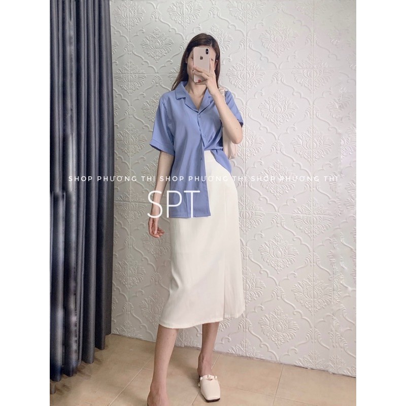 Chân váy midi chữ A dáng xẻ tà cạp cao hàng Quảng Châu (hàng sẵn) | BigBuy360 - bigbuy360.vn