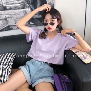 Áo Croptop Nữ Cổ Tim Form Rộng 100% Cotton Kanimi - AN01 Áo Thun 4 Màu Trẻ Trung Năng Động