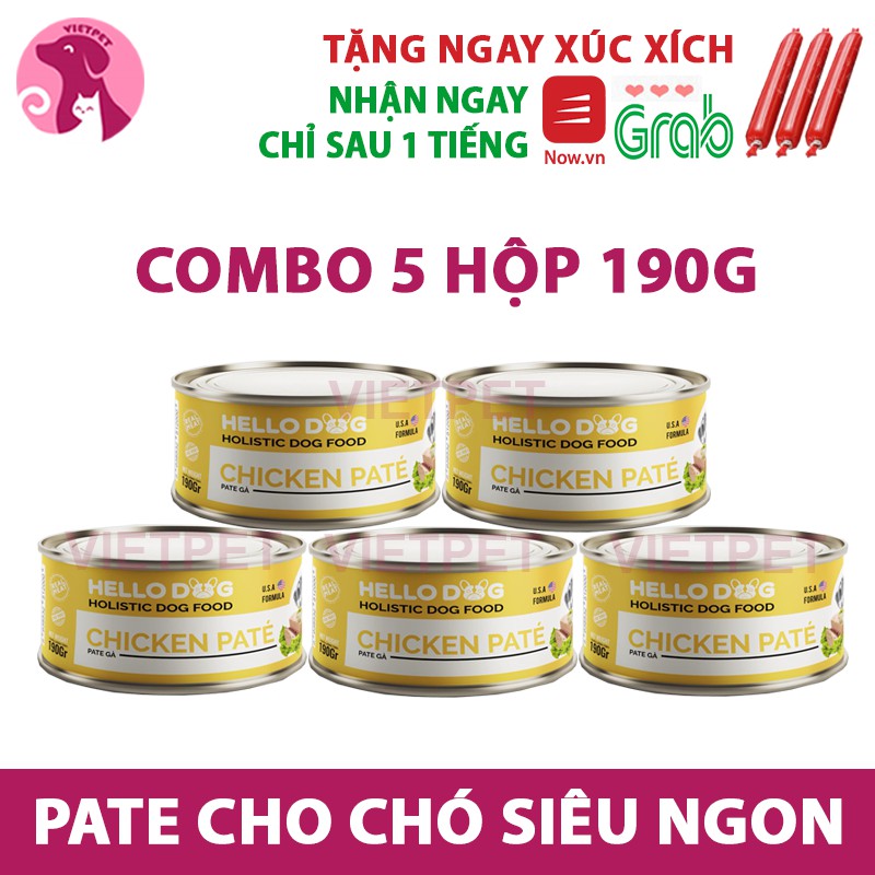 Patê cho chó Hello Dog (Pate làm từ thịt gà tươi) (Combo 5 hộp 190g &amp; lon lớn 850g)