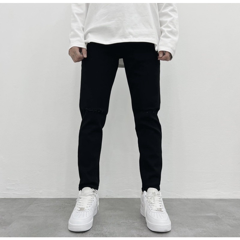 Quần Jeans Nam Đen Trơn Rách Gối Slimfit Form Co Giãn JNP15