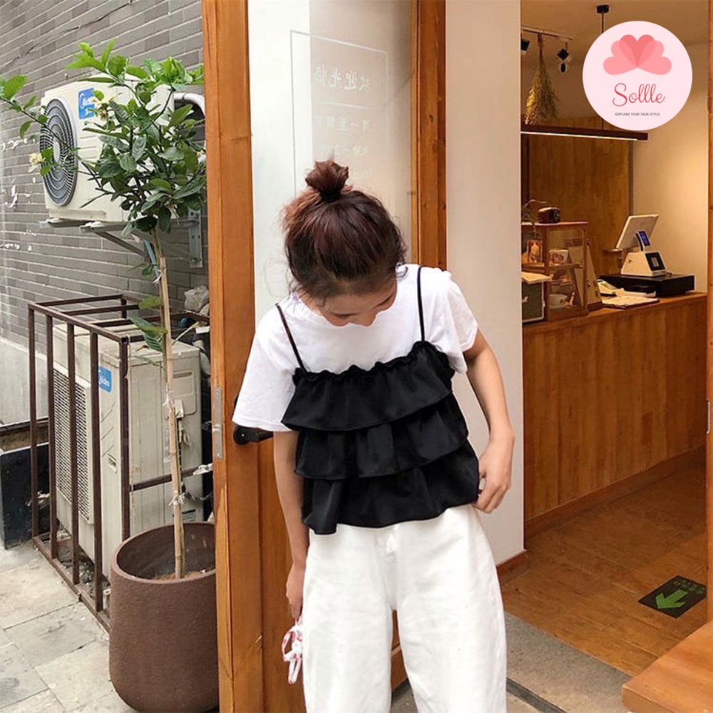 Áo nữ 2 dây viền bèo 3 tầng chất đũi mát ulzzang 2 màu trắng đen mùa hè Hàn Quốc Sollle