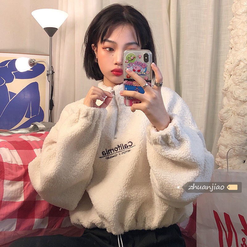 Áo khoác hoodie len lông cừu nỉ bông mềm dày ấm có khóa cổ phong cách Hàn Quốc mẫu mới 2021