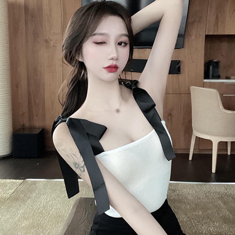 Áo croptop màu trơn phối nơ phong cách thời trang Hàn Quốc