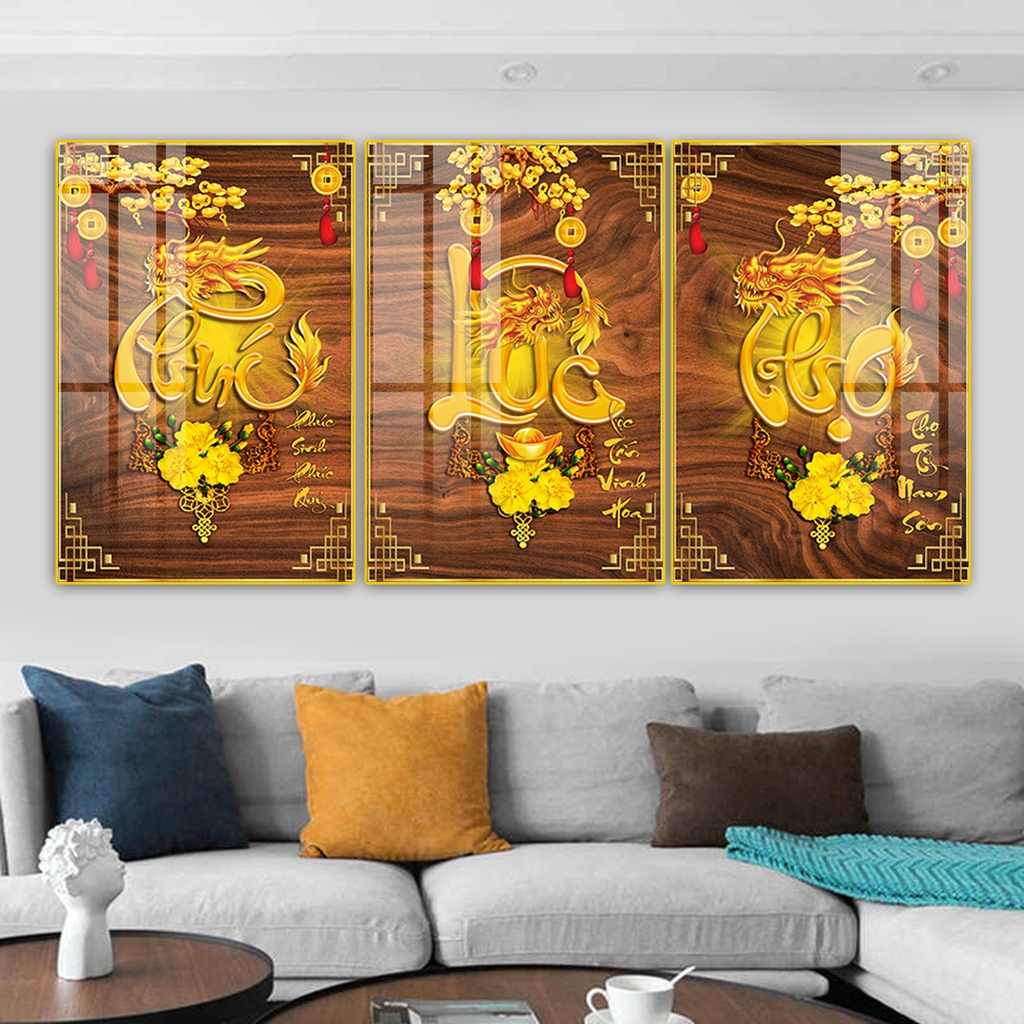 Tranh Phúc Lộc Thọ, Tranh Tráng Gương In Uv 5D Mica Bóng Mịn No1, Tranh Treo Tường Phòng Khách Decor Bền Đẹp 40 Năm