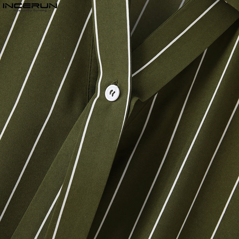 Áo sơ mi INCERUN tay dài cổ V kẻ sọc dọc kiểu cổ điển cho nam