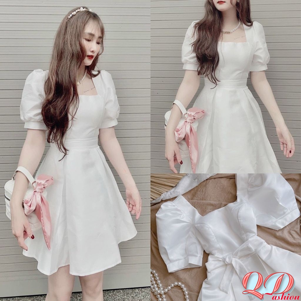 Đầm váy nữ dự tiệc dáng xòe babydoll trắng cổ vuông tay phồng thắt nơ sau duyên dáng tiểu thư xinh đẹp QD Fashion DT021