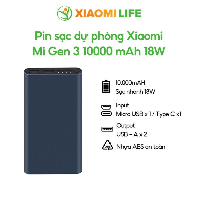 Pin Sạc Dự Phòng Xiaomi Mi Gen 3 10.000 mAh Hỗ trợ sạc nhanh Type-C 18W - Hàng Chính Hãng