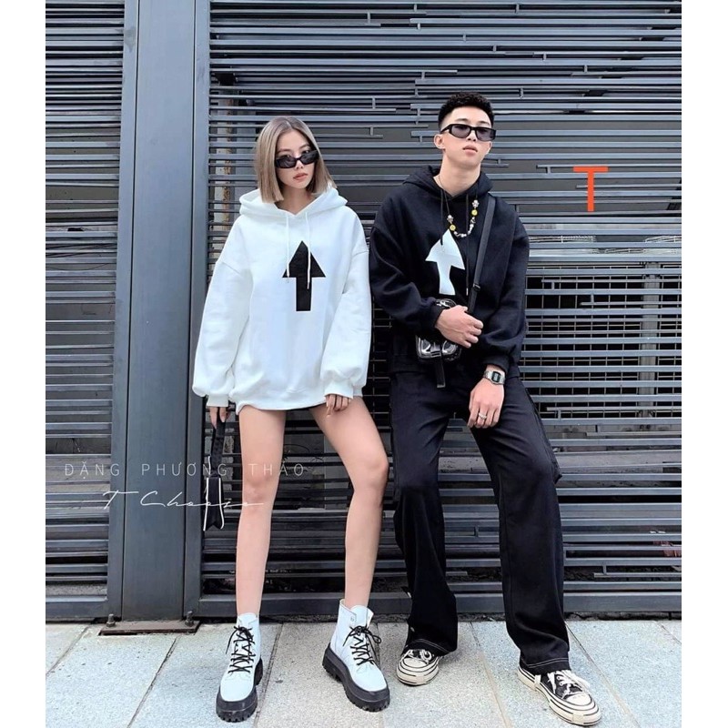 set 2 áo đôi hoodie nỉ bông mũi tên mạng chấm than