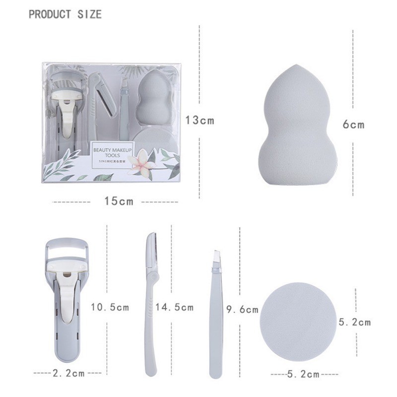 Set dụng cụ trang điểm 5in1 kẹp mi - dao cạo mày - nhíp - mút tán nền - bông phủ phấn Lameila