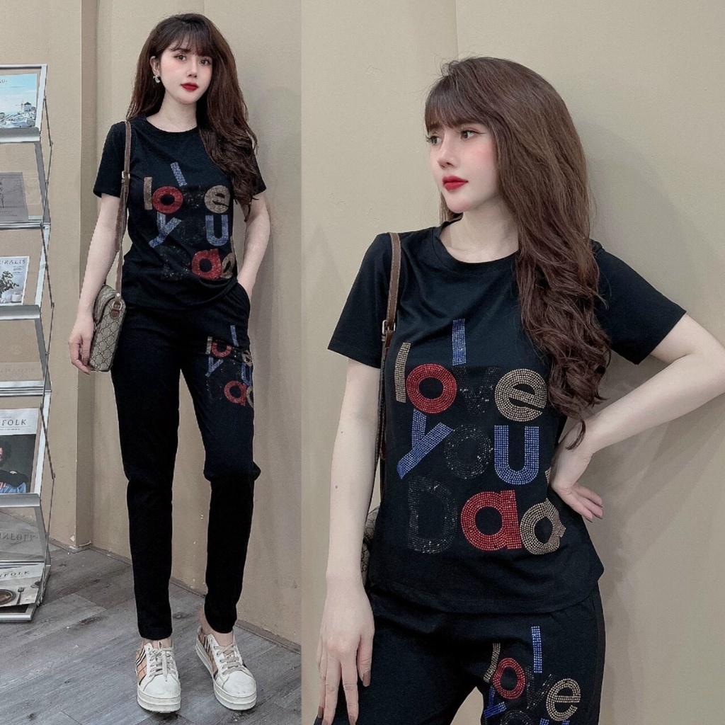 Đồ Bộ Nữ - Bộ Thể Thao Nữ Form Rộng Áo Màu Đen Phối Logo Chất Thun Cotton Đủ Size M,L,XL,XXL.
