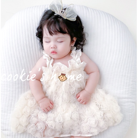 Mã A14 Đầm Công chúa hoa hồng màu trắng chất voan cho bé gái chụp ảnh studio thôi nôi đầy tháng