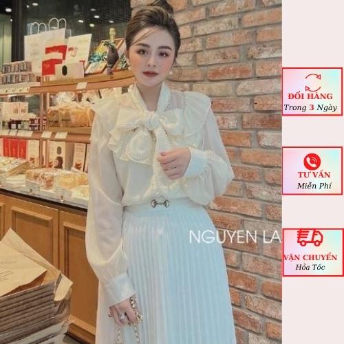 Áo sơ mi voan tơ nữ tay bồng cổ nơ ngọc tiểu thư bánh bèo ulzzang Hàn Quốc