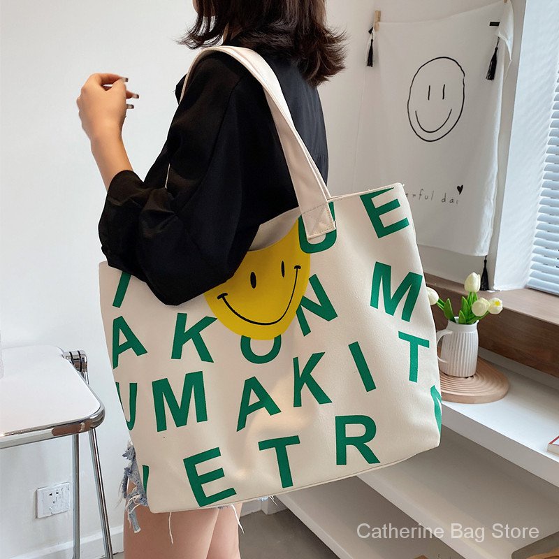 Túi Xách Khóa Kéo Vải Bạt Hình Mặt Cười Hoạt Hình Cỡ Lớn sc4241