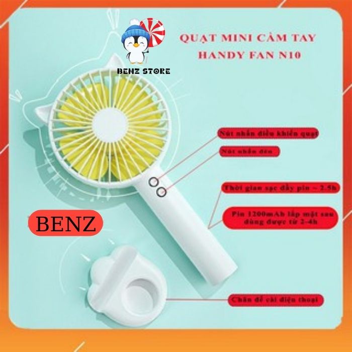 Quạt mini cầm tay tích điện sạc USB cao cấp có đế để bàn 3 tốc độ gió và đèn Led N10 BENZ STORE QD00