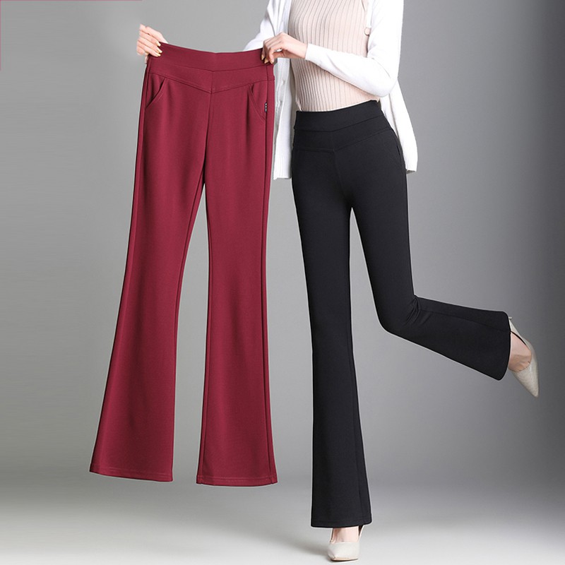 READY STOCK Women Wide Leg Pants High Waist Large Size Stretch Pcoket Bell Bottom Flared Pants