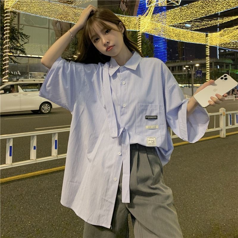 Áo Sơ Mi Tay Ngắn Dáng Rộng Họa Tiết Kẻ Sọc Thời Trang Hàn Quốc Cho Nữ
