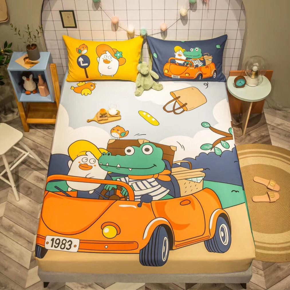 [HÀNG LOẠI 1] Drap giường cotton , ga trải giường cotton 3D họa tiết ngộ nghĩnh cho bé tặng kèm 2 vỏ gối