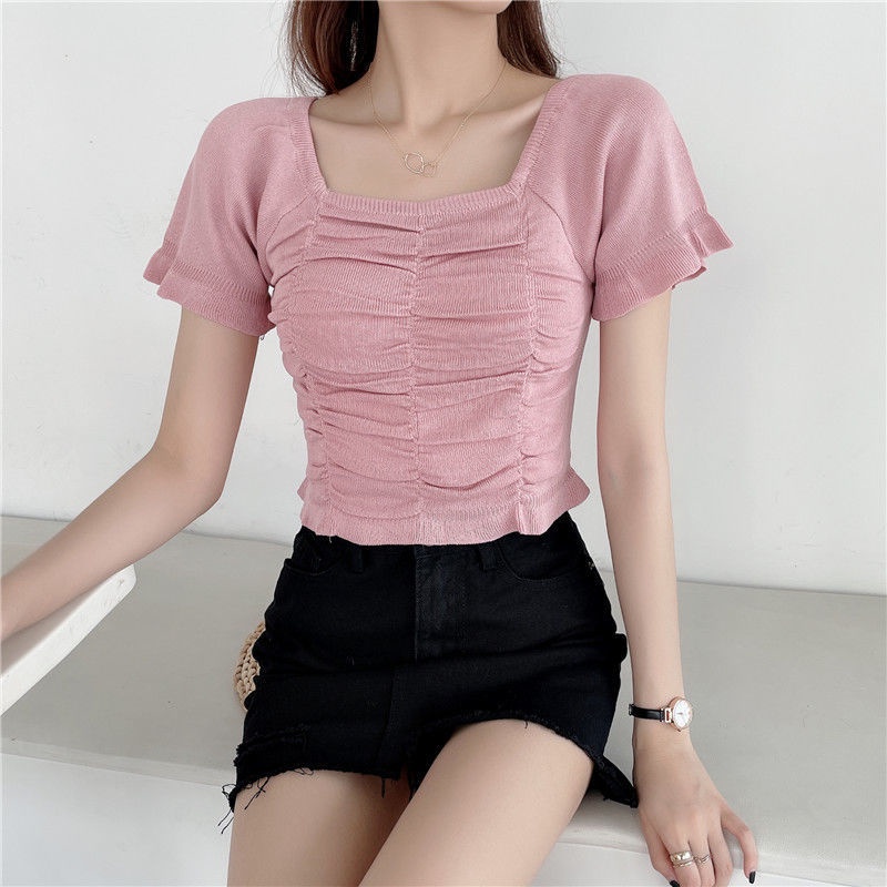 Áo Dệt Kim Ngắn Tay Thời Trang Pháp Xinh Xắn 185245 Áo Thun Tay Ngắn Cổ Vuông Thời Trang Mùa Hè Dành Cho Nữ