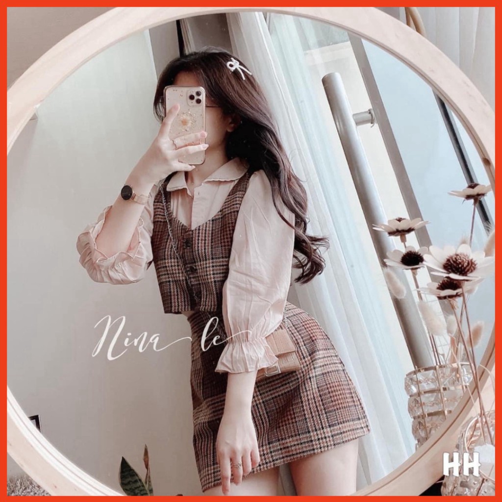 Sale Set Đồ Nữ Áo Sơ Mi Kem Mix Set Váy Ghile Caro Thiết Kế Công Sở Đi Chơi Đi Học Kiểu Dáng Hàn Quốc 🔥FREESHIP+ GIÁ SỈ