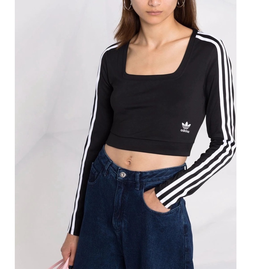 Áo thun tay dài phối sọc das dáng croptop xuất xịn