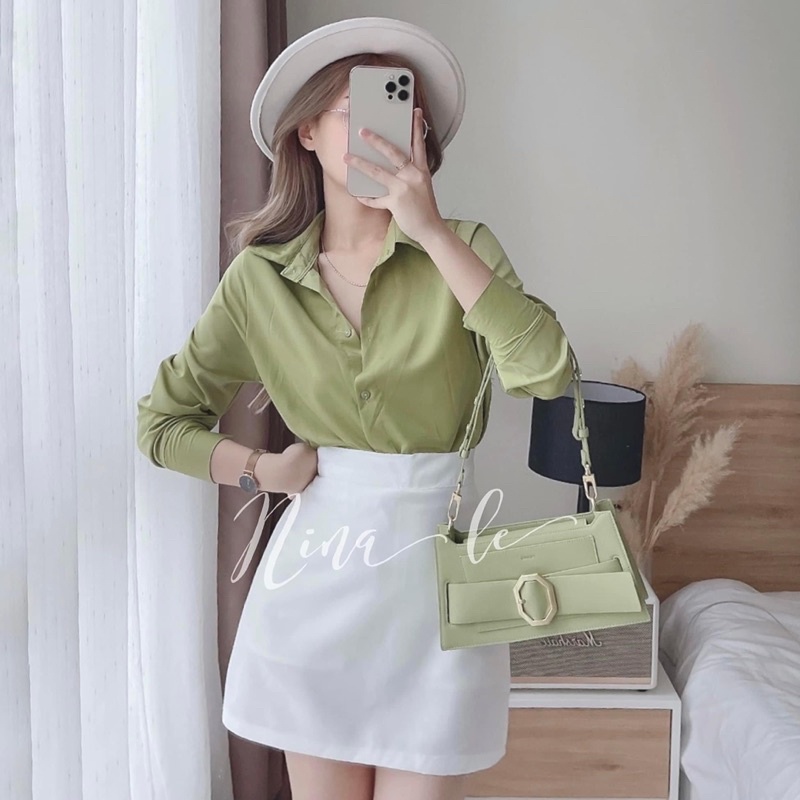 Set áo sơ mi xanh bơ + chân váy trắng mẫu chị Nina Lê ✨Lotus Shop✨ lvs pvb
