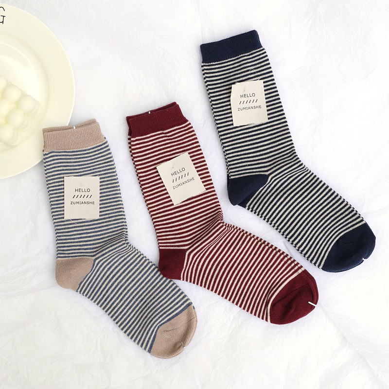 Set 4 Đôi - Tất Nữ Cổ Cao Cao Cấp, Chất Liệu Cotton Đi Mát - Họa Tiết Sọc Ngang Nhỏ - NUCAO-CCSOCNGANG-CB4