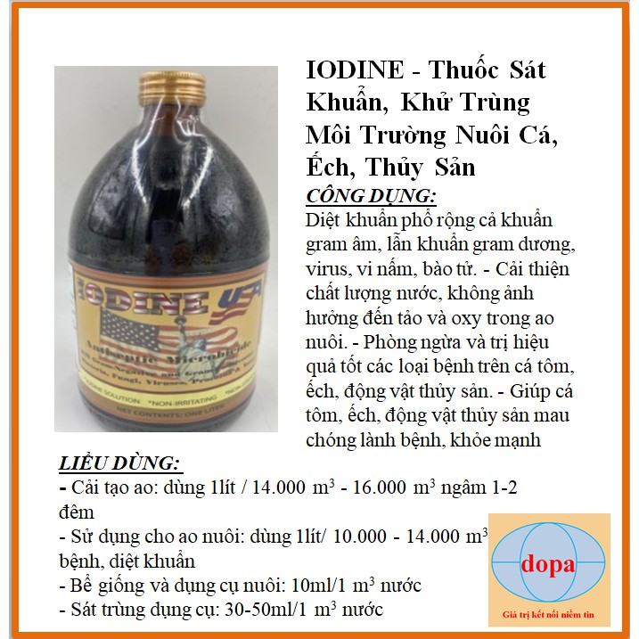 Iodine USA DOPA cho cá, thủy sản chai 1 lít DOPA.COM.VN