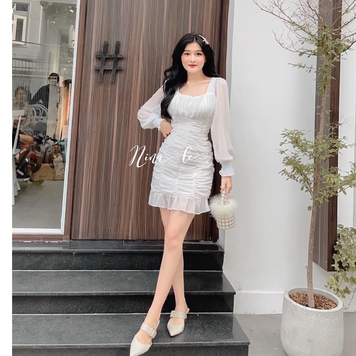 Đầm Body Trắng Dài Tay Dự Tiệc Dáng Nhún Đuôi Cá
