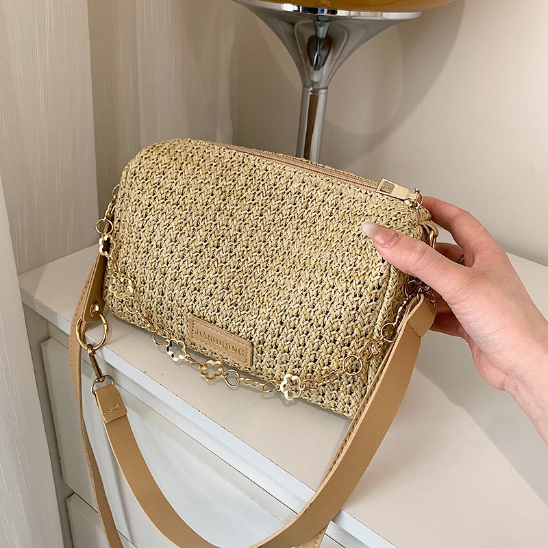 Túi Đeo Chéo Vai Bằng Cỏ Dệt Phối Dây Xích Đa Năng Thời Trang Mùa Hè Hàng Mới Dành Cho Bạn Nữ 2022