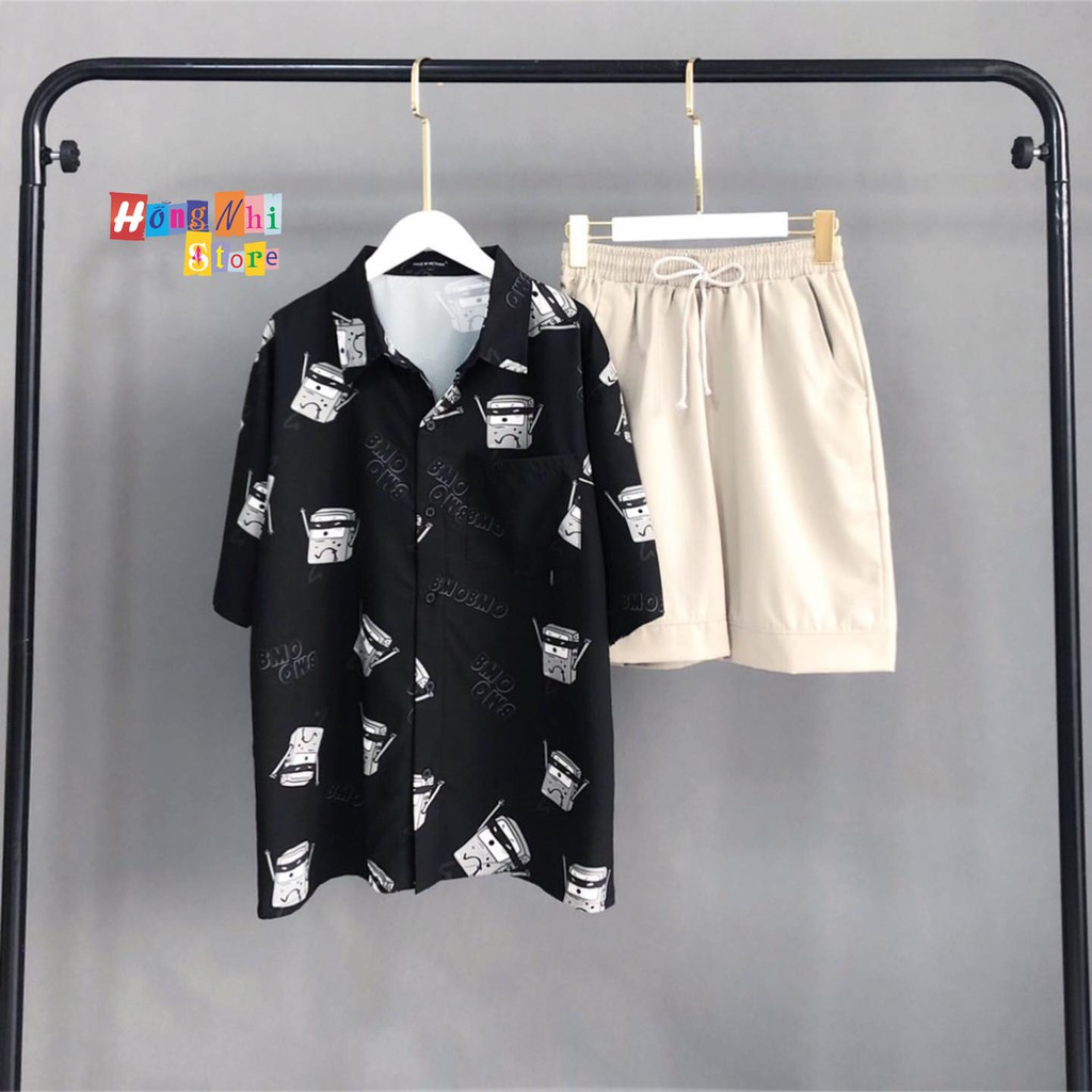 Set Áo Sơ Mi Hoạ Tiết Phối Quần Short Kaki Dáng Rộng Unisex - MM