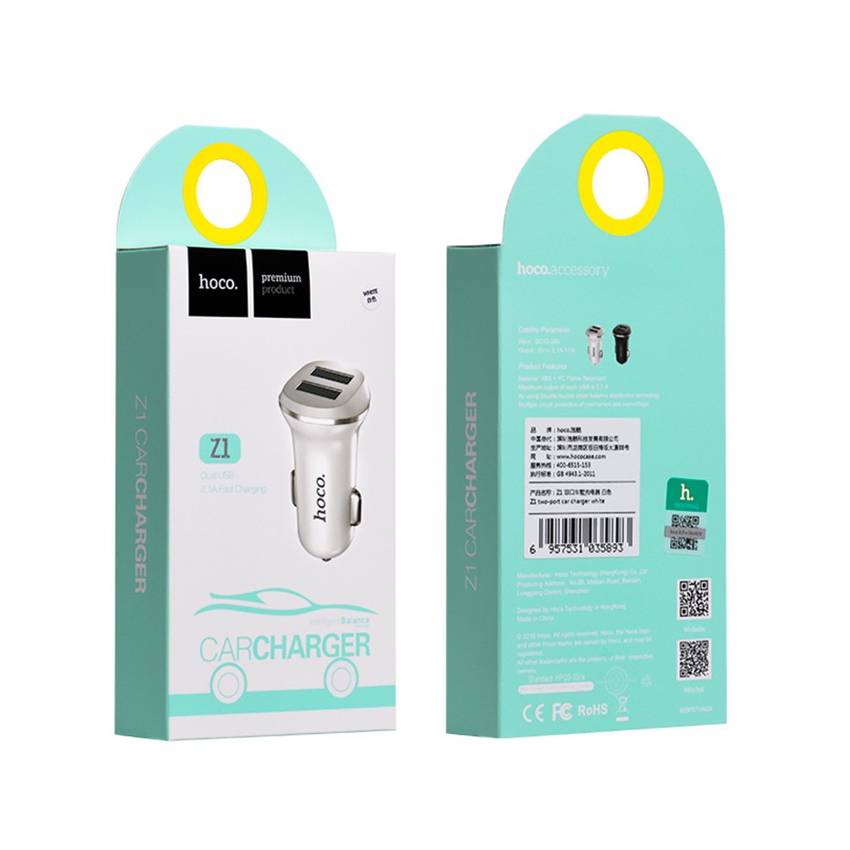 Tẩu Sạc 2 Cổng 2.1A Hoco Z1 hỗ trợ sạc nhanh trên ô tô