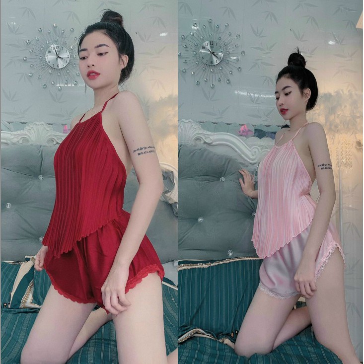 Đồ ngủ sexy / Yếm ngủ dập ly, chất liệu lụa satin cao cấp, bigsize dưới 60kg, kèm quần ren gợi cảm BỘ ĐỒ NGỦ