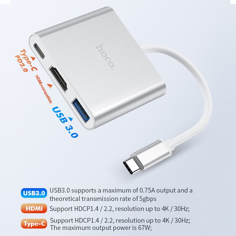 Hub chuyển TYPE-C Sang HDMI, USB 3.0, Ethernet và TYPE-C PD 67W hỗ trợ Samsung DEX, MAC OS, WINDOWS Hoco HB23