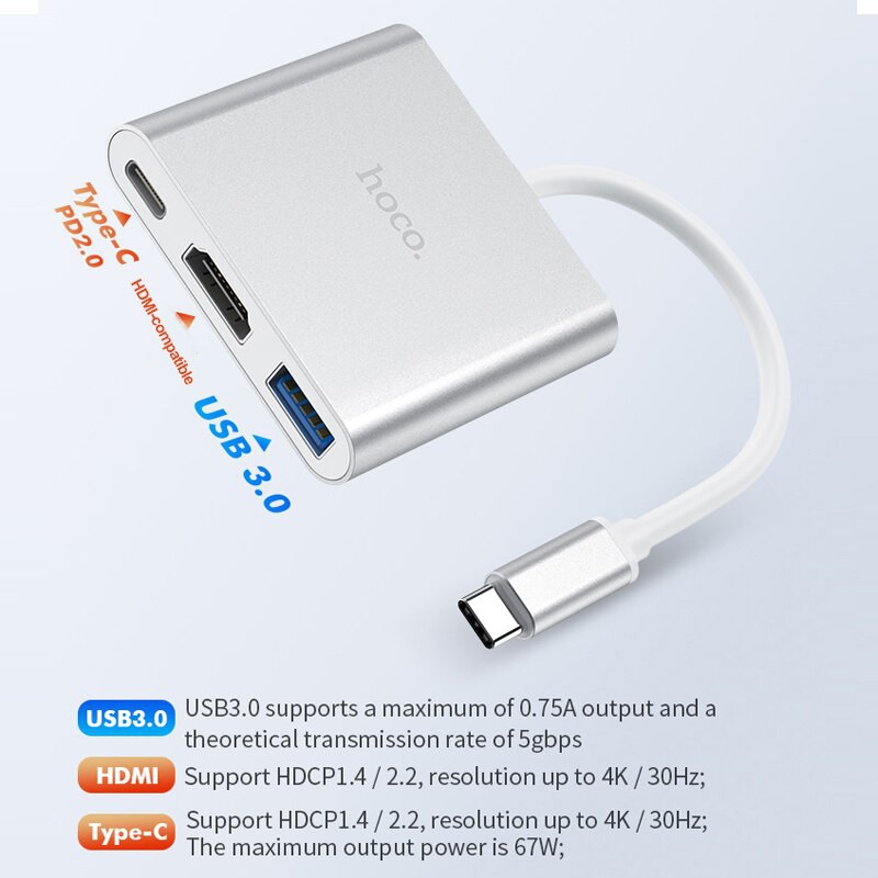 Hub chuyển TYPE-C Sang HDMI, USB 3.0 và TYPE-C PD 67W hỗ trợ Samsung DEX, MAC OS, WINDOWS Hoco HB14