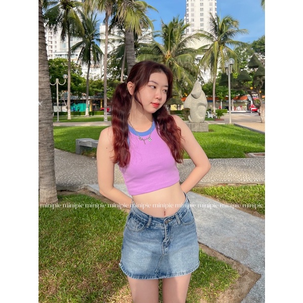 Áo Tank Top / Balo Phối Viền Nhiều Màu Nữ Croptop Kiểu Ôm Cotton Gân Co Dãn Màu Pastel Minipie