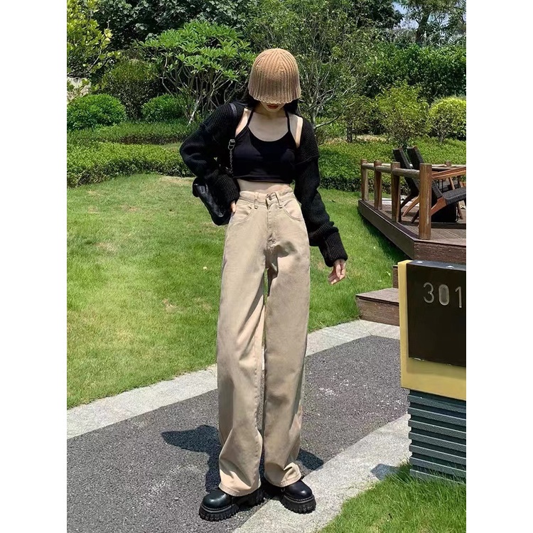 Quần jean lưng cao ống suông rộng thời trang retro dễ phối đồ