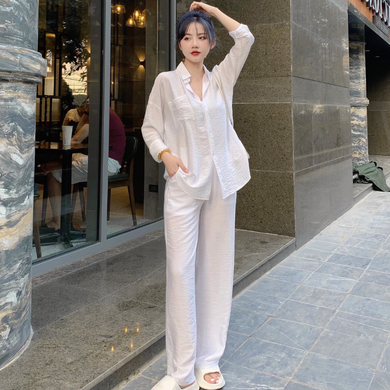 SET áo sơ mi quần ống rộng vải đũi trắng đen MIX đồ đi chơi cực sang - Chất vải đũi mặc vừa nhẹ vừa mát