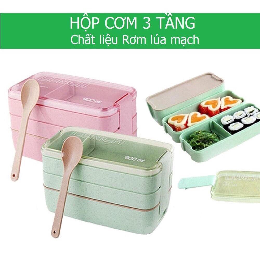 Hộp đựng cơm lúa mạch 3 tầng kèm thìa và dĩa xinh xắn gọn gàng