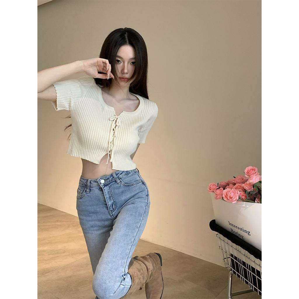 Áo Sweater Dệt Kim Cổ Vuông Cột Dây Dáng Ngắn Thời Trang 61048