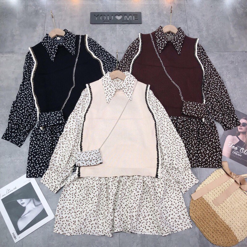 Set váy sơmi hoa nhí+gile len viền