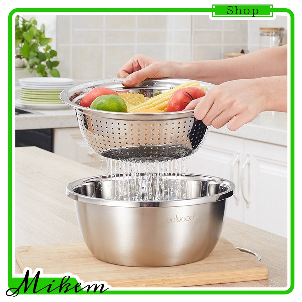 Bộ Thau + Rổ Inox Cao Cấp 304 - Rửa Rau Củ Quả Tiện Lợi - Dễ Dàng Vệ Sinh - Chắc Chắn