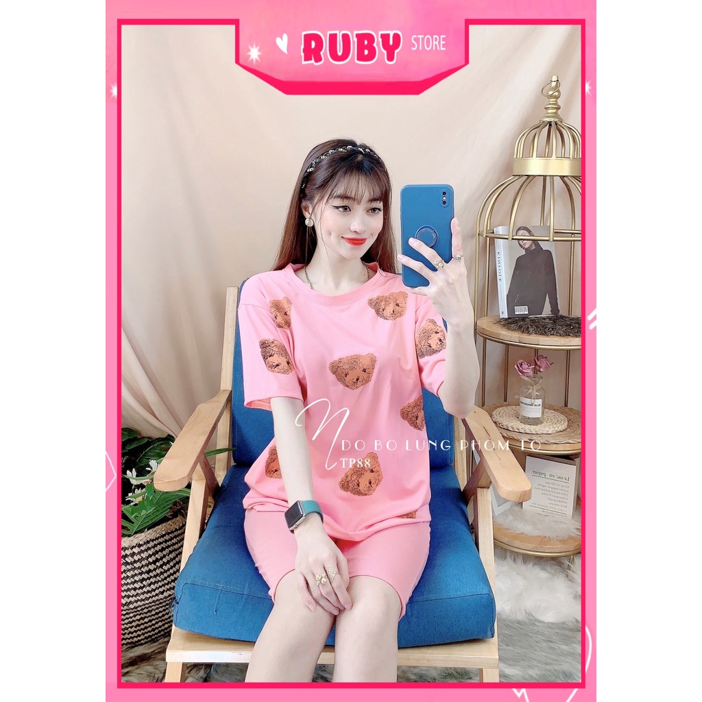 Đồ bộ thun lửng phom to cho nữ mặc nhà chất thun mềm mát in hình gấu hoạt hình dễ thương TP88