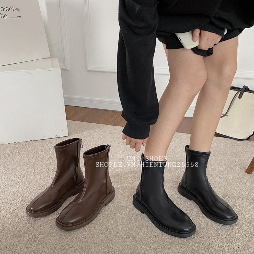 Giày Boots Ulzzang khóa kéo SNU05 cao cổ da PU cổ lửng đế độn đế to bự đơn giản đi chơi đẹp mẫu mới