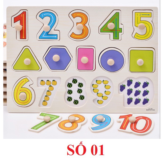 Combo 3 bảng núm gỗ chủ đề chữ, số và hình khối hàng loại 1 cho bé